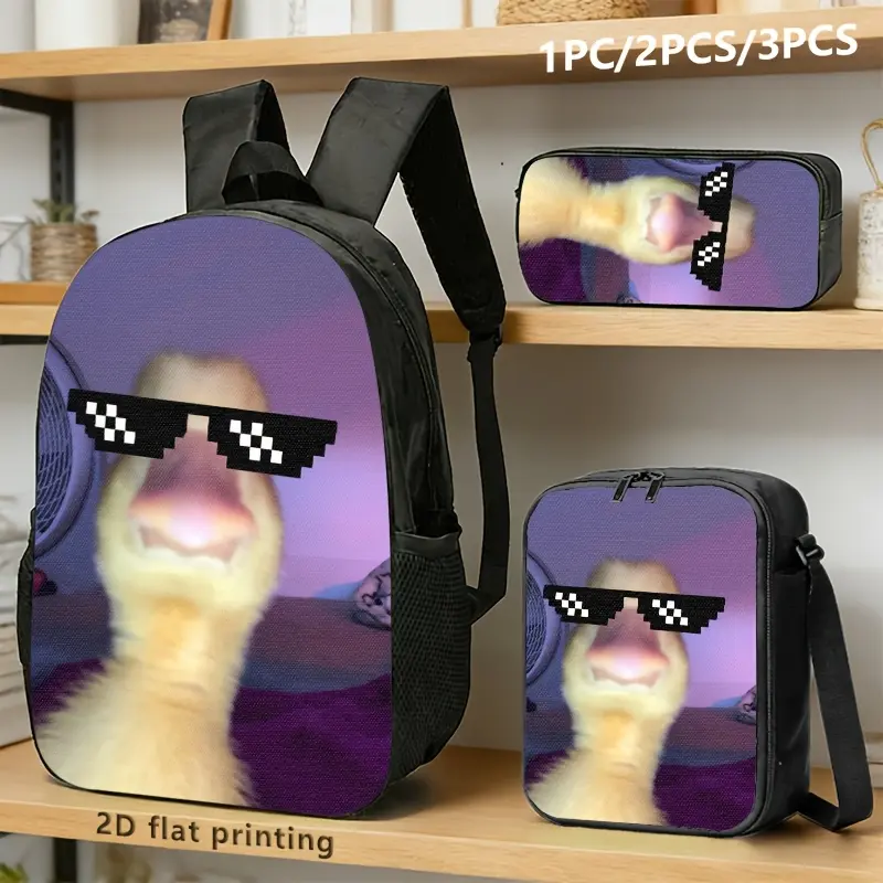 1pc/2pcs/3pcs Backpack, Shoulder Bag, Pouch with Pixel-Fashion Glass Duck Print; 2D Flat Design; Trendy, Casual Use for Daily Commute or Outings.