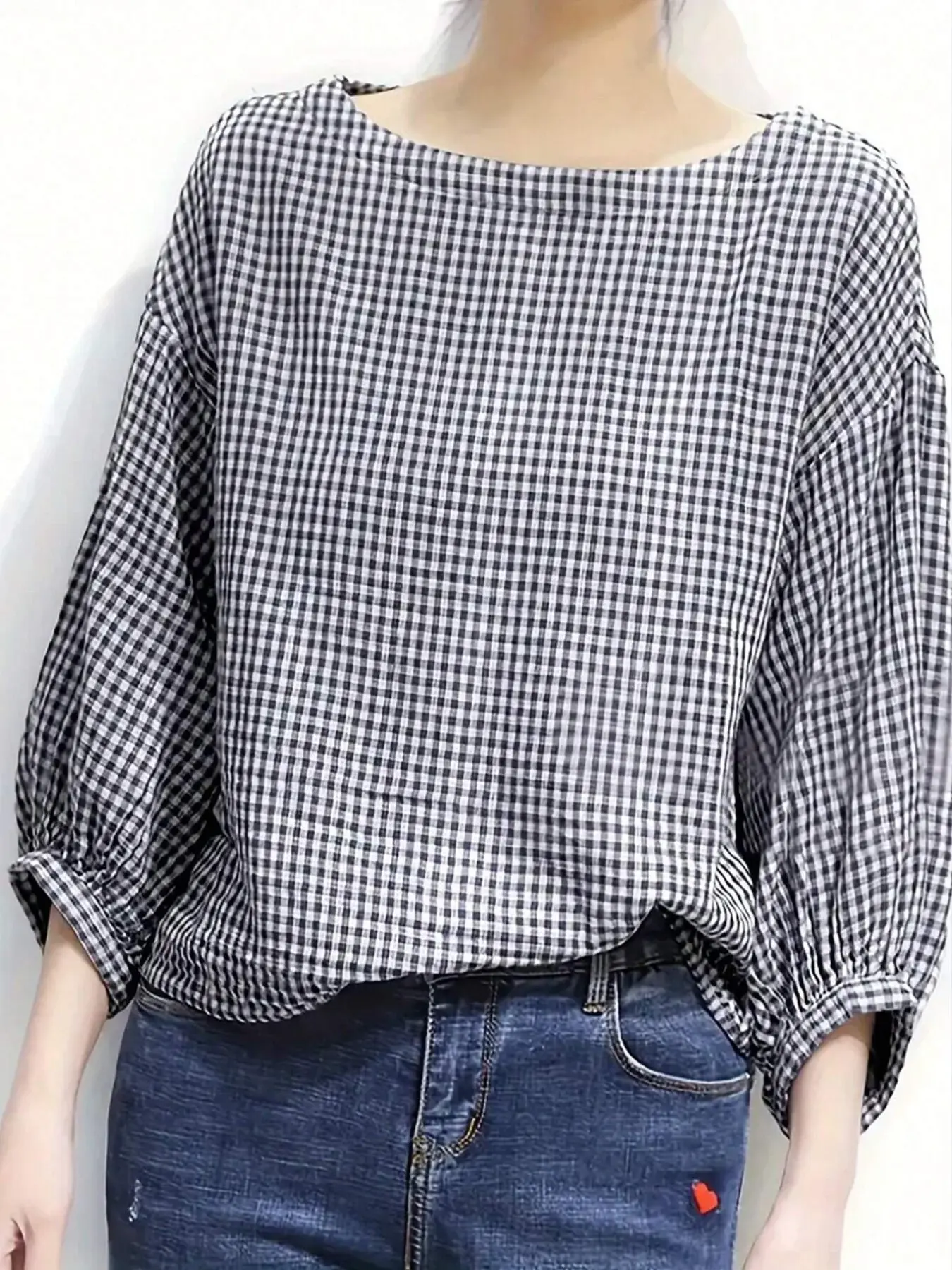 Women's Bubble Sleeve Round Neck Plaid Print Top, Balloon Sleeve, Casual Loose Fit Blouse, Stylish and Comfortable, Perfect for Daily Wear, Bubble Sleeves Top