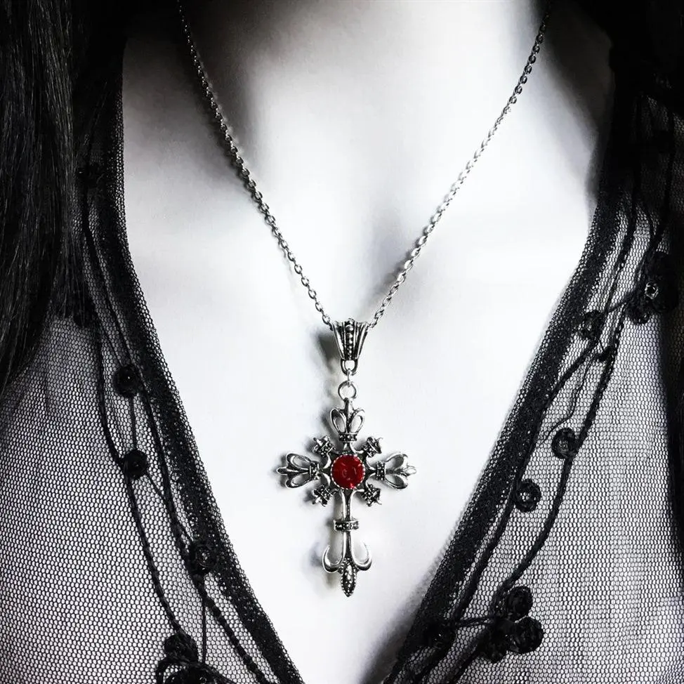 Cross-border hot-selling European and American vintage ruby cross necklace, Gothic dark fashion pendant necklace