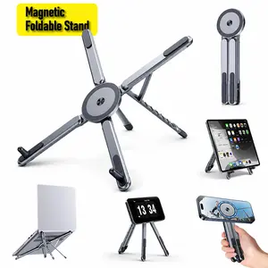 Foldable Aluminum Laptop Stand with Magnetic Phone Holder, Portable Laptop Stand, Handheld Stand for Phone, Portable Adjustable Ergonomic Riser for Desk, Compatible with 10–16” Laptops, 4–13” Phones & Tablets, Silver