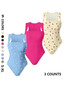 Women's Floral Print Racerback Shapewear Bodysuit, Casual Comfy Tummy Control Butt Lift Shaper, Ladies Shapewear for Daily Wear, Compression, Body Shapewear, Womenswear, Knit Shapewear Clothing, Fitness Bodysuit, Fitted Casual Bodysuit, Underwear