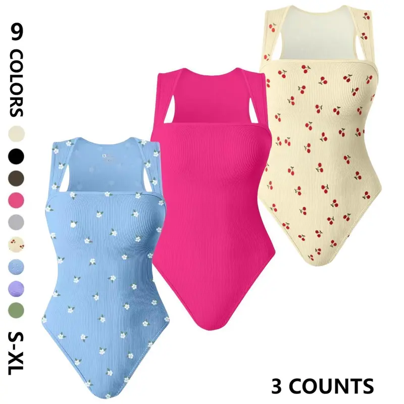 Women's Solid Color & All Over Print Shaping Bodysuit, Casual Tummy-Control & Butt-Lifting Shaper, Ladies Shapewear Daily Use, Compression Bodysuit for Fitness