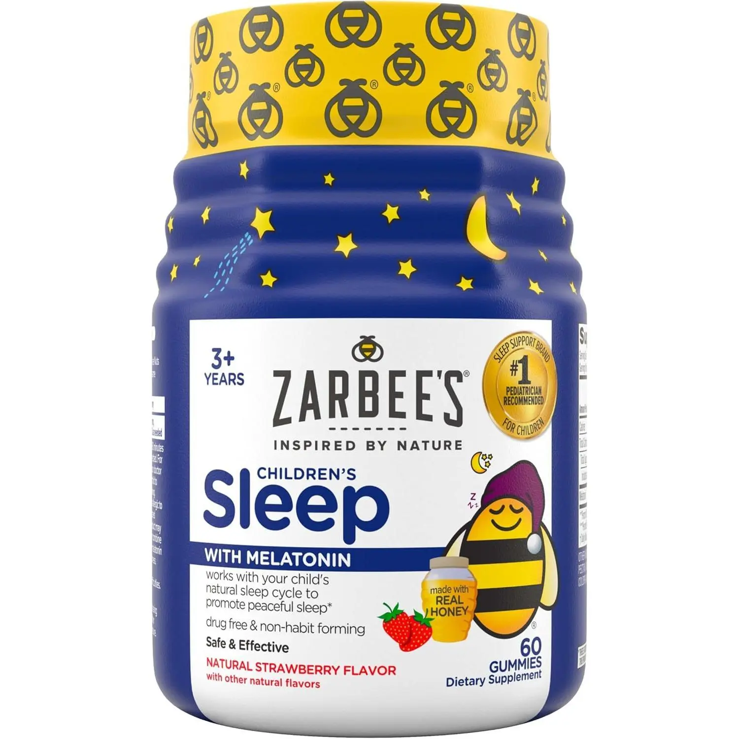 Kids Melatonin Sleep Gummies, Gluten-Free Healthcare Dietary Supplement, Drug-Free Non-Habit-Forming, Supports Natural Rest Cycles, Natural Strawberry Flavor, Ages 3+, 60 Count, Dye Free, Berry Gummies Children Vitamins & Supplements