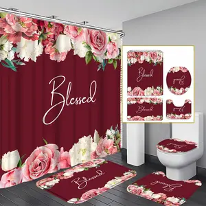 Set of 4 Artistic Text And Rose Flower Shower Curtains, a Lovely Gift for Housewarmings, Modern Home Decor, Includes a Shower Curtain And Toilet in a Three-Piece Set with 12 Hooks