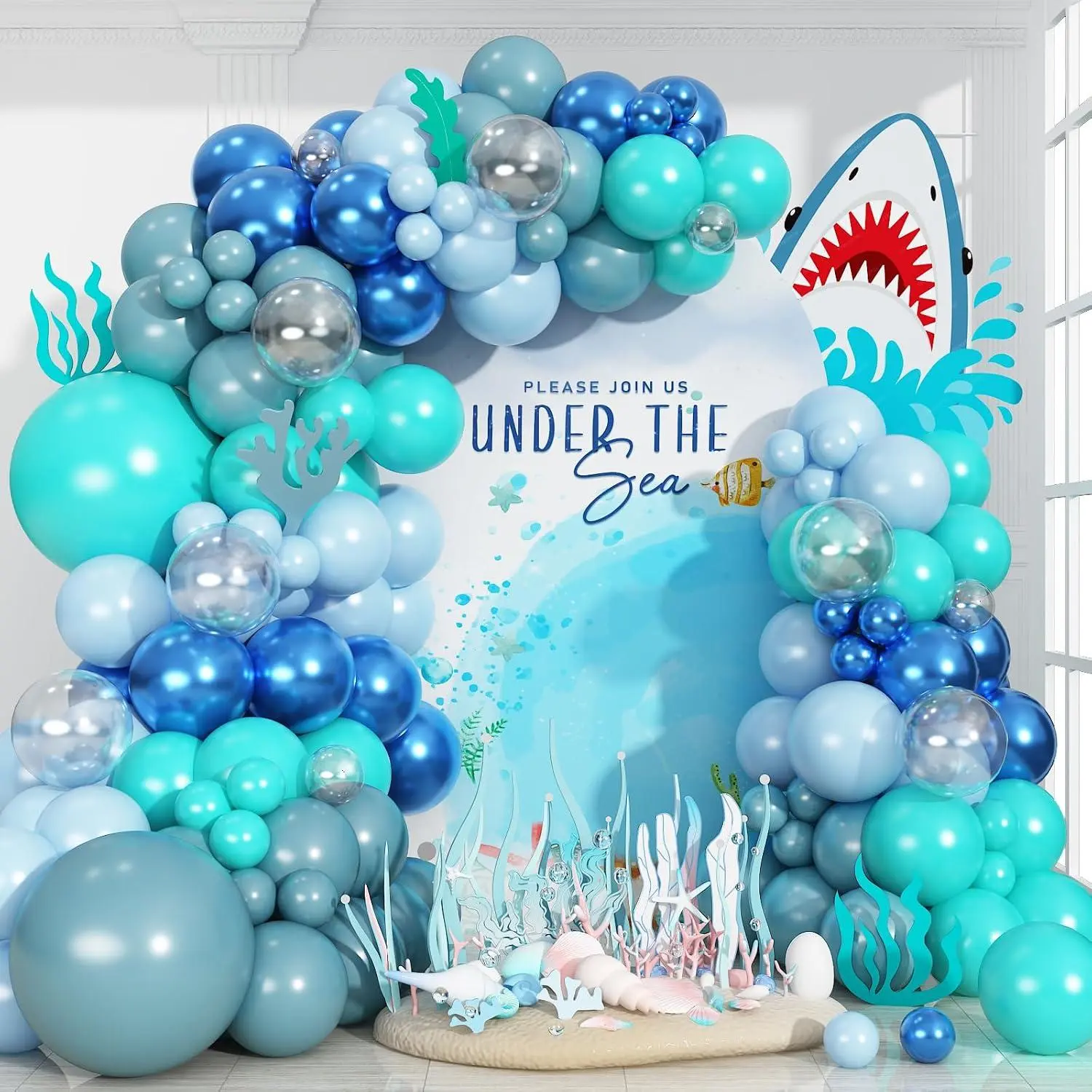 Ocean Themed Party Balloons Arch Kit, 143Pcs Under The Sea Party Decorations For Kids Sea Themed Birthday Baby Shower Beach Pool Party Decorations With Clear Teal Turquoise Blue Metallic Balloons