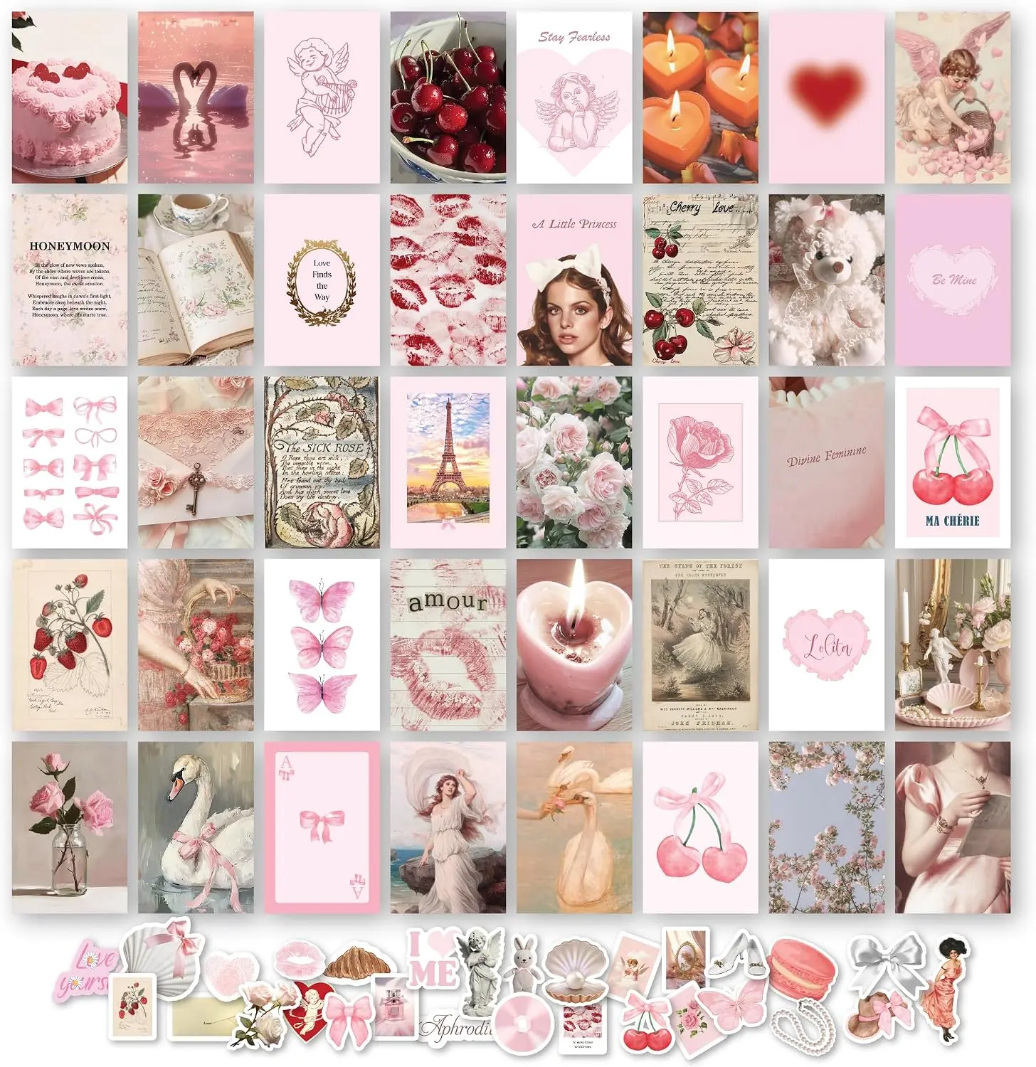 Pink Coquette Wall Collage Kit - 40Pcs 4x6 Aesthetic Posters with Mini Prints, Bow Art, Glue Dots for Teen Dorm & Bedroom Girly Decor