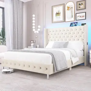 Queen LED Upholstered Bed Frame with Wingback Headboard, Velvet Diamond Button Tufted Bed Frame w/USB&Type-C Ports, Pocket and LED Lights, Wood Slats Support, No Box Spring Needed