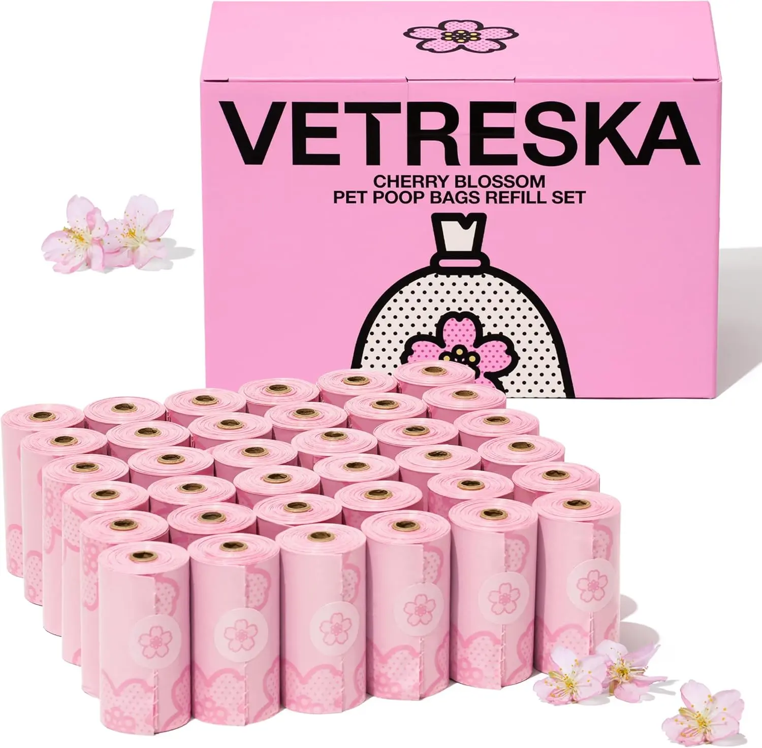 VETRESKA Cherry Blossom Scented Dog Poop Bags Leak Proof Extra Thick Large Compostable 36 Refill Rolls 540 Bags Pink Pet Waste Bags for Dogs & Cats