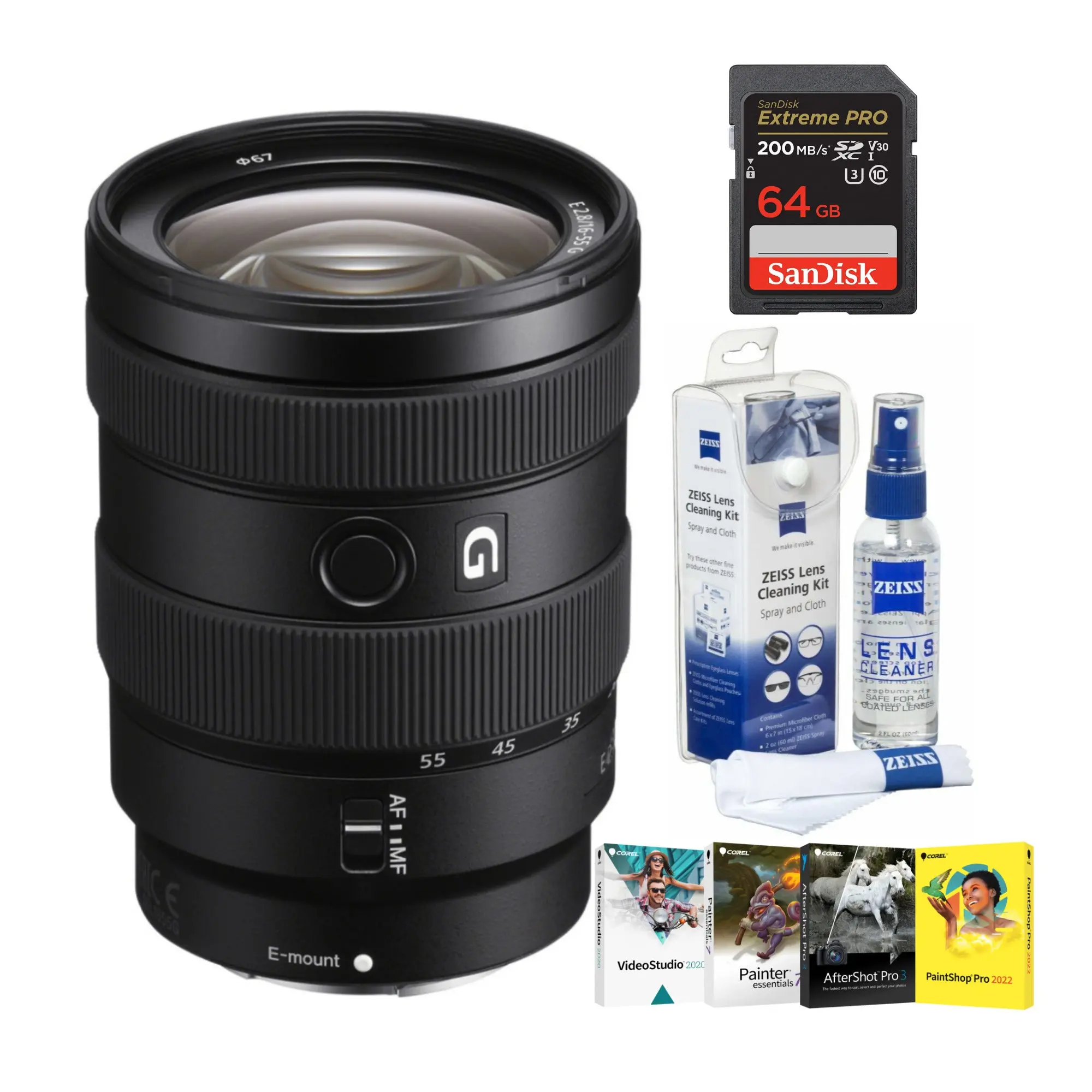 Sony E 16-55mm f/2.8 G APS-C Zoom Mirrorless Camera Lens (G Lens Series) - Large Aperture, Compact, Advanced Optics, Linear Motor, 17.5 oz, Control & Reliability, Smooth Performance, Fluorine Coated, Everyday Snapshots, Software Suite & Accessory Bundle