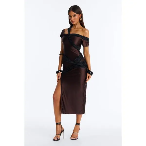 Malia Draped Midi Dress - Chocolate/Combo