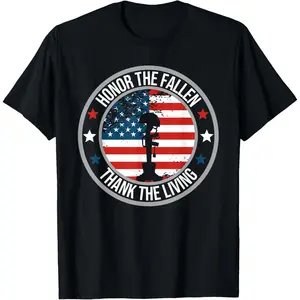 Casual Round Neck Shortsleeve Fashion Cotton Graphic Tees Honor The Fallen Thank The Living Memorial Day Veteran Flag T-Shirt