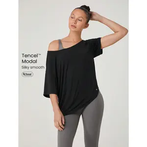 GLOWMODE Modal Silky Smooth Asymmetrical Hem Off-Shoulder 3/4 Sleeve Active Tee T-Shirt Daily Casual Wear