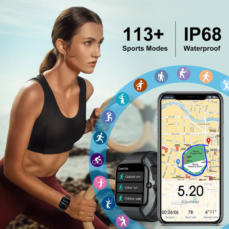 Smart Watch, 1.83" HD Smartwatch for Men Women with 120 Sports Modes, Bluetooth Call & Make Call, Health, Fitness & Sleep Tracker, 5 ATM Water-Resistance, Fitness Watch for Android/iOS, Black,Pedometer Watch No APP/Phone Required Smartphone Wearable