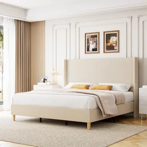King Size Corduroy Upholstered Platform Bed Frame with 51 inch Wingback Headboard Vertical Stripes Wooden Slats No Box Spring Needed Beige