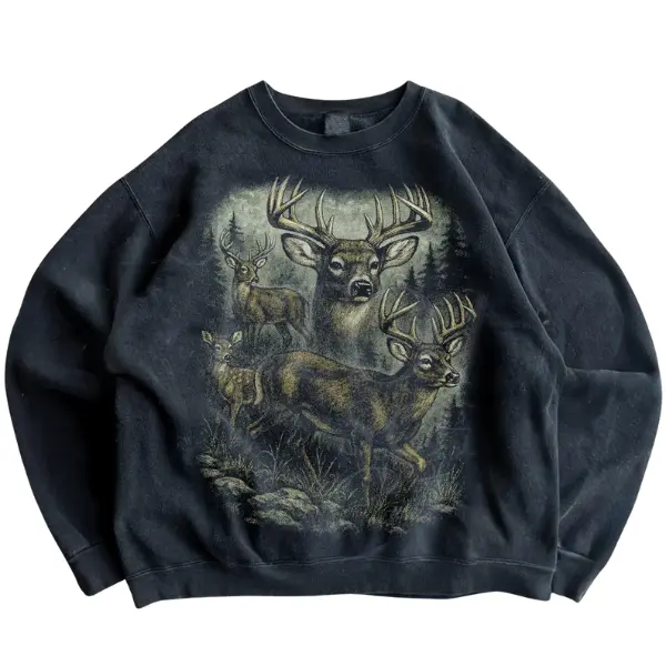 Vintage Deer 90s Graphic Style Sweatshirt, Retro Hunter Deer Crewneck, Nature Y2k Streetwear, 2000s Deer Oversized Fall Sweatshirt - Unisex S-3XL - Menswear & Womenswear - Casual Cotton Crewneck Long Sleeve Navy
