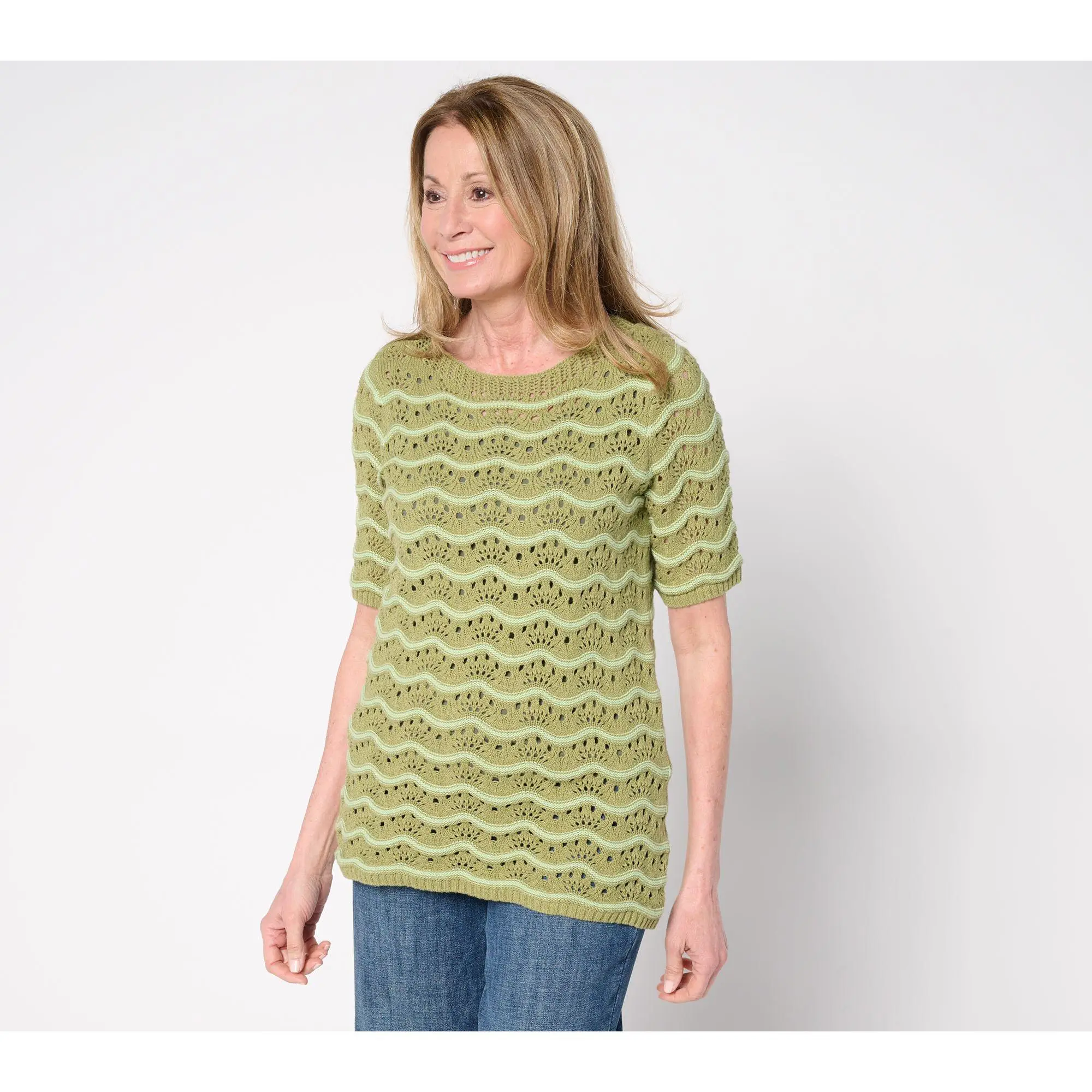 Denim & Co. 100% Cotton Pointelle Elbow Sleeve Sweater