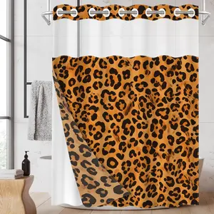 1PC/4PCS 2D Flat Printing Orange and Black Leopard Print Pattern Patterned Printed Shower Curtain, home bathroom decor, shower curtain set with 12 hooks, non-slip bathroom rug, U-shaped toilet seat cover, toilet seat mat.