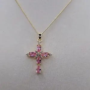 Pink Stone Cross Pendant with Chain 14k Gold Plated Elegant Jewelry for Women