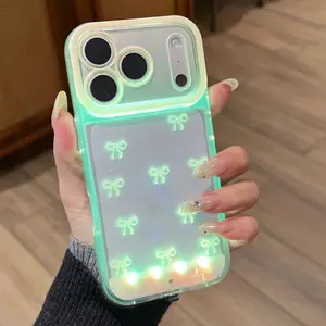 Sound-Control Glowing Bow Phone Case, Hollow Cartoon Protective Cover, Unique Call Light Butterfly Knot, Couple Style for iPhone XS/XR/XS MAX/11/12/13/14/15/16/17 Pro/Pro Max/Plus