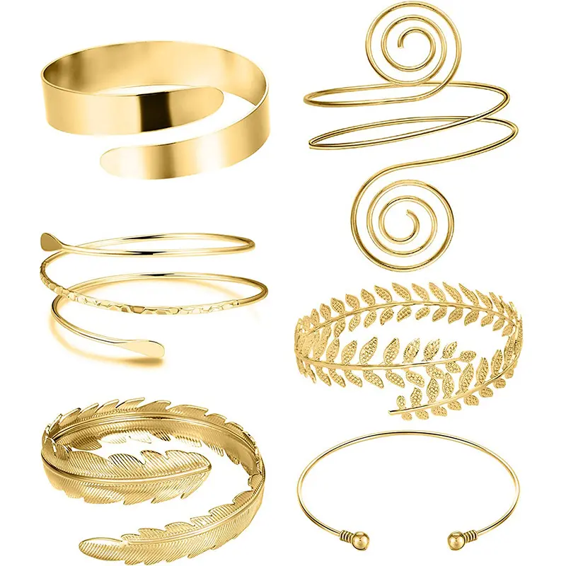 Boho Style Arm Cuff Bracelets for Women Upper Arm Bands Snake Feather Armband Greek Goddess Filigree Swirl Boho Armlet Cuff Bangle Adjustable Golden/Silvery Arm Bracelet Set