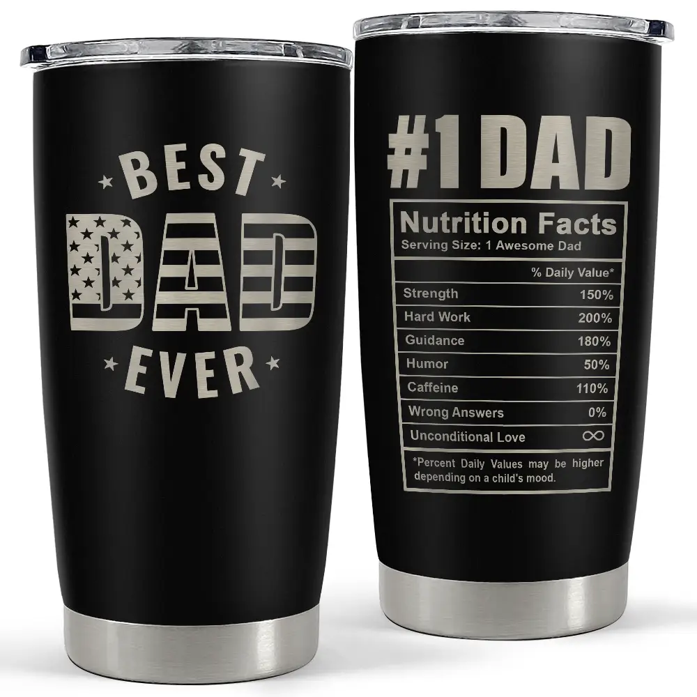 Sandjest Best Dad Ever Nutrition Facts 20oz Tumbler, Stainless Steel Vacuum Insulated Portable Travel Mug Coffee Thermal Cup, Men Gift on Father's Day