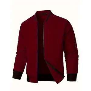 Men's Casual Plaid Bomber Jacket - 100% Polyester Full-Zip Stand Collar Sweatshirt with Long Sleeves and Slight Stretch Fabric Menswear Coats Burgundy Navy