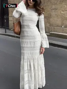 Women's Elegant Slim-Fit Plain Woven Dress, Fall Fashion Bell Sleeve Long Dress, Casual Daily Wear, Comfortable & Stylish Design