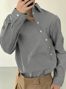 INCERUN Fashion Basic Tops Men's Diagonal Placket Design Shirts Casual Streetwear Striped Long Sleeved Blouse Workwear