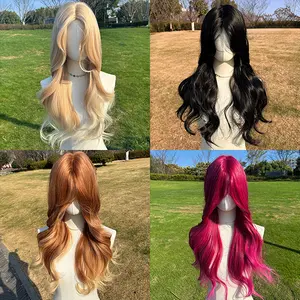 SMILCO/26Inch Ombre Gold/Pink Long Curly with Bangs Synthetic Wig for Christmas/SM436 Body Wave Wavy Wiglet