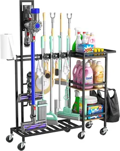 Cleaning Utility Cart on Wheels, Multifunctional Cleaning Tools Supplies Organizer with Broom and Mop Holder, Vacuum Stand Compatible with Dyson, Rolling Storage Cart for Home