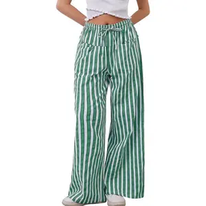 Women Drawstring Striped Pants Loose Wide Leg Trousers Casual Low Waist Pants Comfy Lounge Pants with Pockets Fit Womenswear