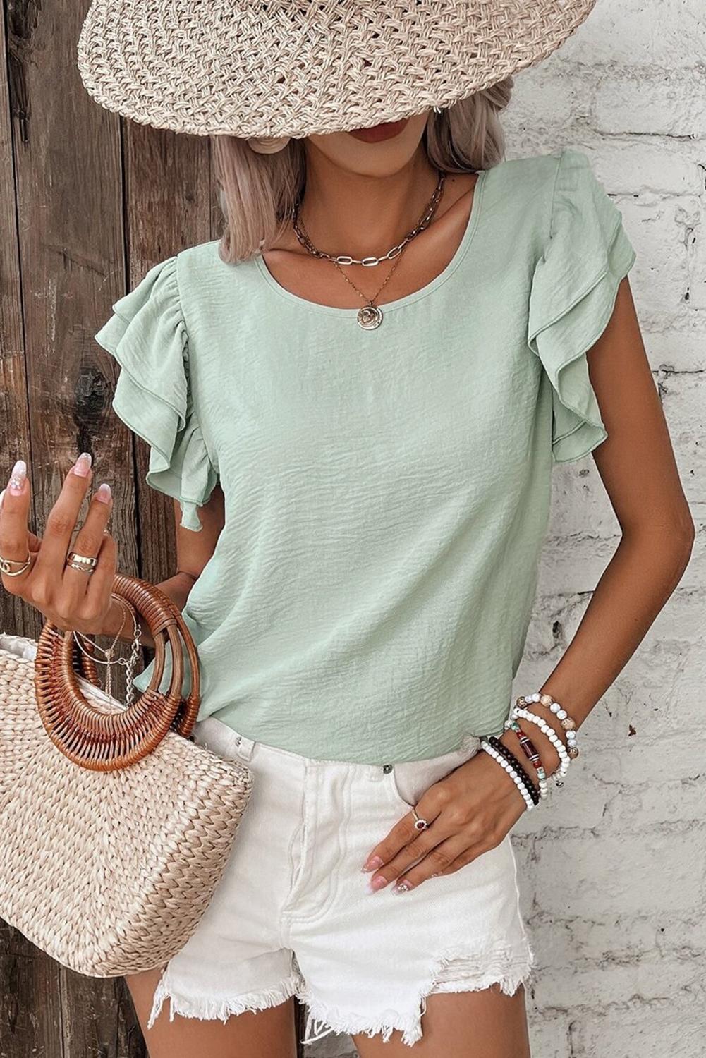 Mist Blue Solid Color Ruffled Short Sleeve Casual Blouse