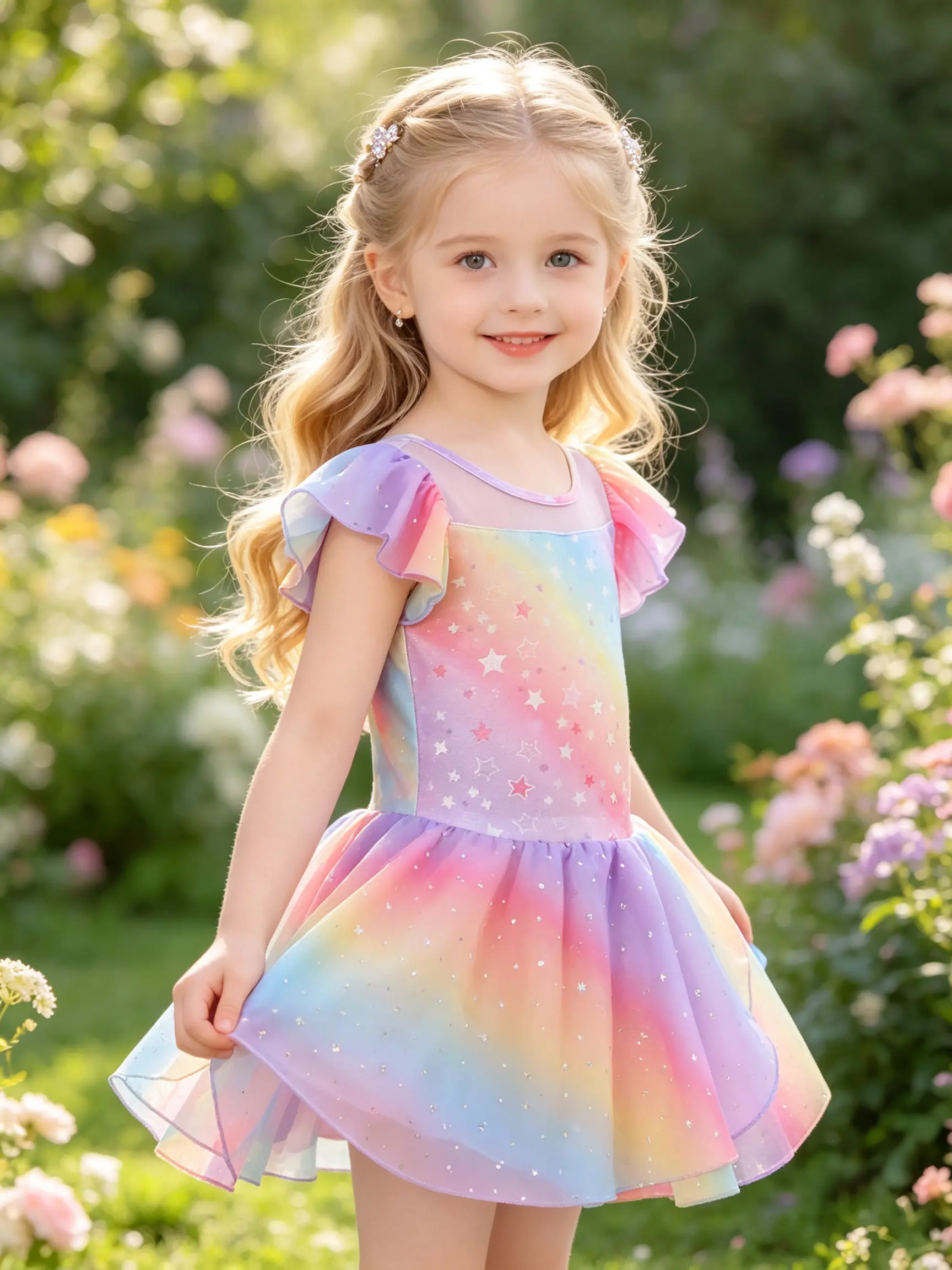 Little Girls Rainbow Star Flutter Sleeve Ballet Tutu Dress Leotard Sparkle Tulle Skirt Kids Gymnastics Dance Outfit Toddler Recital Training Costume