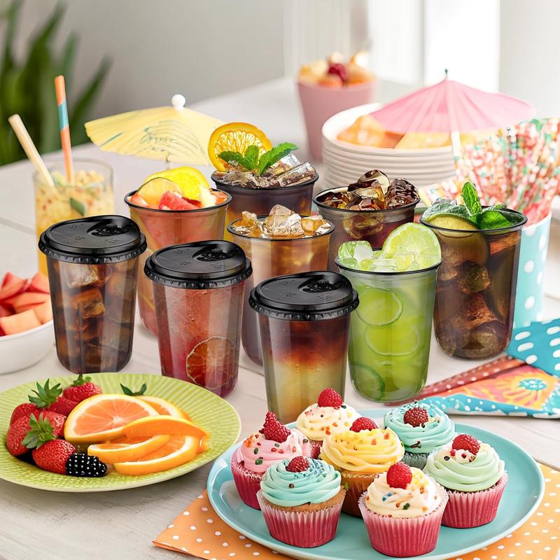 ZAKA MY KITCHEN 50 Pack 16oz Black Plastic Cups with Lids, Disposable Round Bottom Stemless Glasses with Sip Lids, To Go Iced Coffee Drinking Cups for Halloween Party Wedding Catering Events
