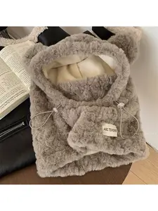 Cute Thick Fleece Teddy Bear Hat and Neck Warmer in One for Women, Autumn and Winter Warm Ear Protection Hat, Windproof for Cycling