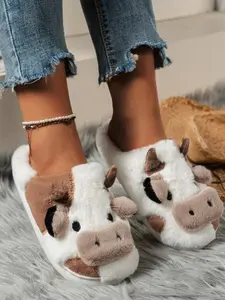 2025 New Trending Shoes, Cute Fluffy Novelty Cow Indoor Slippers, Matching Soft Plush House Slippers, Cozy Bedroom Slippers for Back To School As Gift