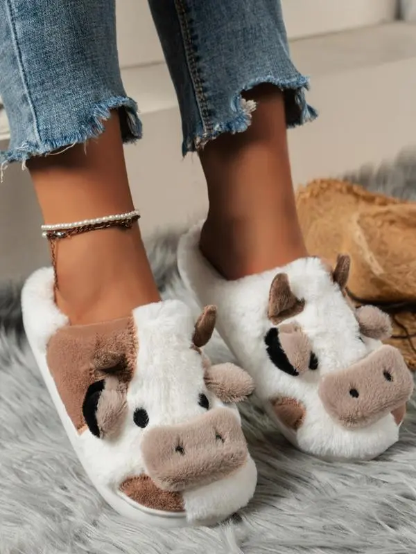 Cute Fluffy Novelty Cow Indoor Slippers, Matching Soft Plush House Slippers, Cozy Bedroom Slippers for Back To School As Gift
