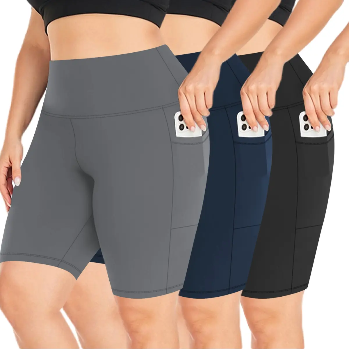 3-Pack Plus Size Biker Shorts for Women, 8" High Waisted 4-Way Stretch Yoga Shorts with Pockets, Non-See-Through Tummy Control for Athletic Workouts, Stretch Shorts