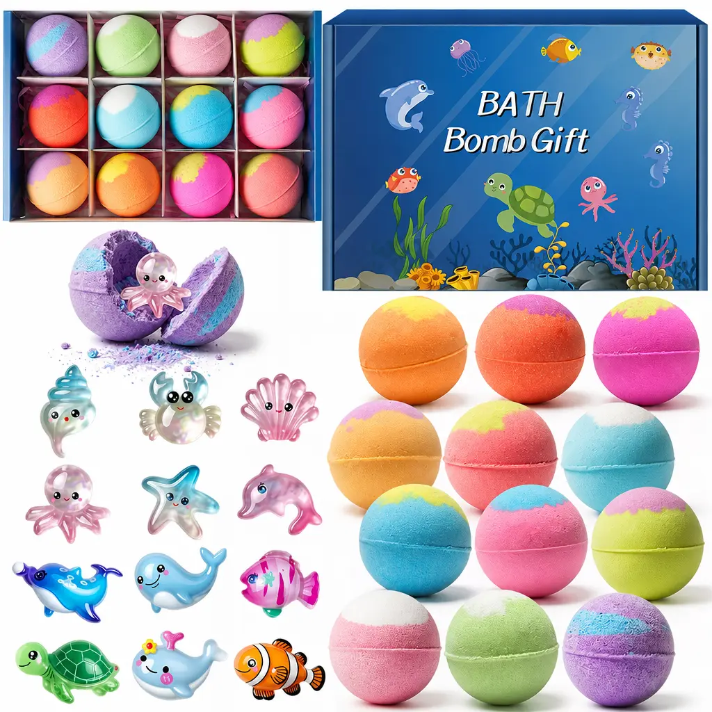 Ocean Bath Bombs for Kids with Surprise Sea Animal Toys Inside, 12 Pack Fizzy Bath Bomb Gift Set with Collectible Marine Toys, Bath Time for Boys Girls
