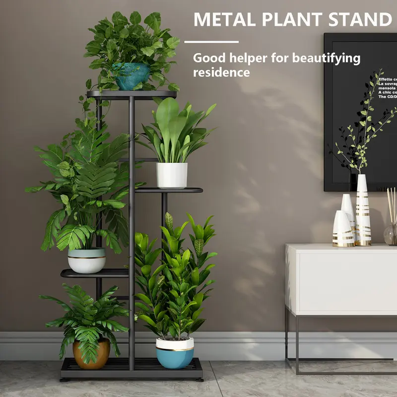 Linzinar 4-Tier Metal Grid Plant Stand - Antirust Spraying Heavy-Duty Iron, Wipe-Clean Smooth Shelves, Holds 5 Potted Plants, Indoor/Outdoor Balcony Bedroom Organizer Storage Rack (Garden Accessories, Trophies Compatible),home decor
