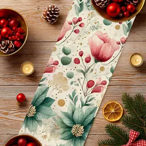 Christmas Table Runner Poinsettia Floral Kitchen Dining Table Decor, Xmas Table Runner Winter  Decor for Indoor Outdoor Dining, Party, Holiday 13 X 72 Inch