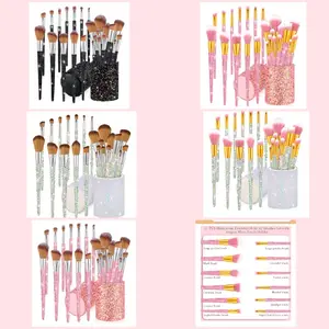 13 Pcs Rhinestone Makeup Brushes Set Bling Crystal Professional Face Cosmetics Blending Liquid Foundation Powder Concealer Eye Shadows Make up Beauty Tool Glitter with Holder (Pink, Yellow)