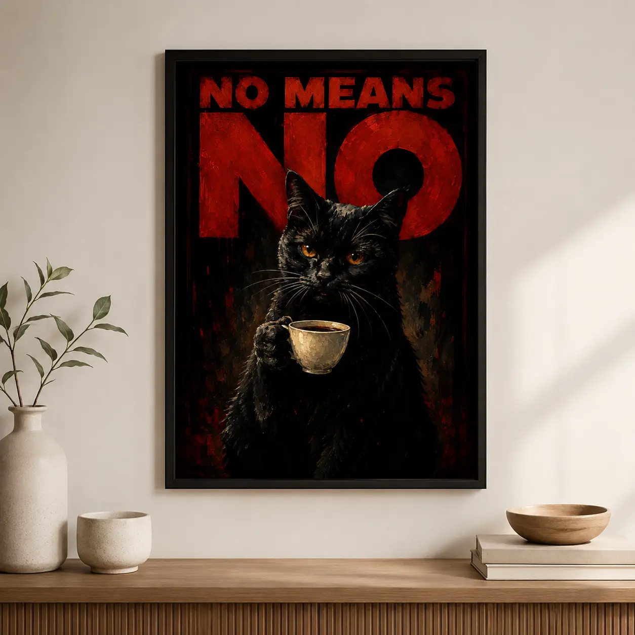 No Means No Black Cat & Coffee Poster – Funny Moody Wall Art Decor