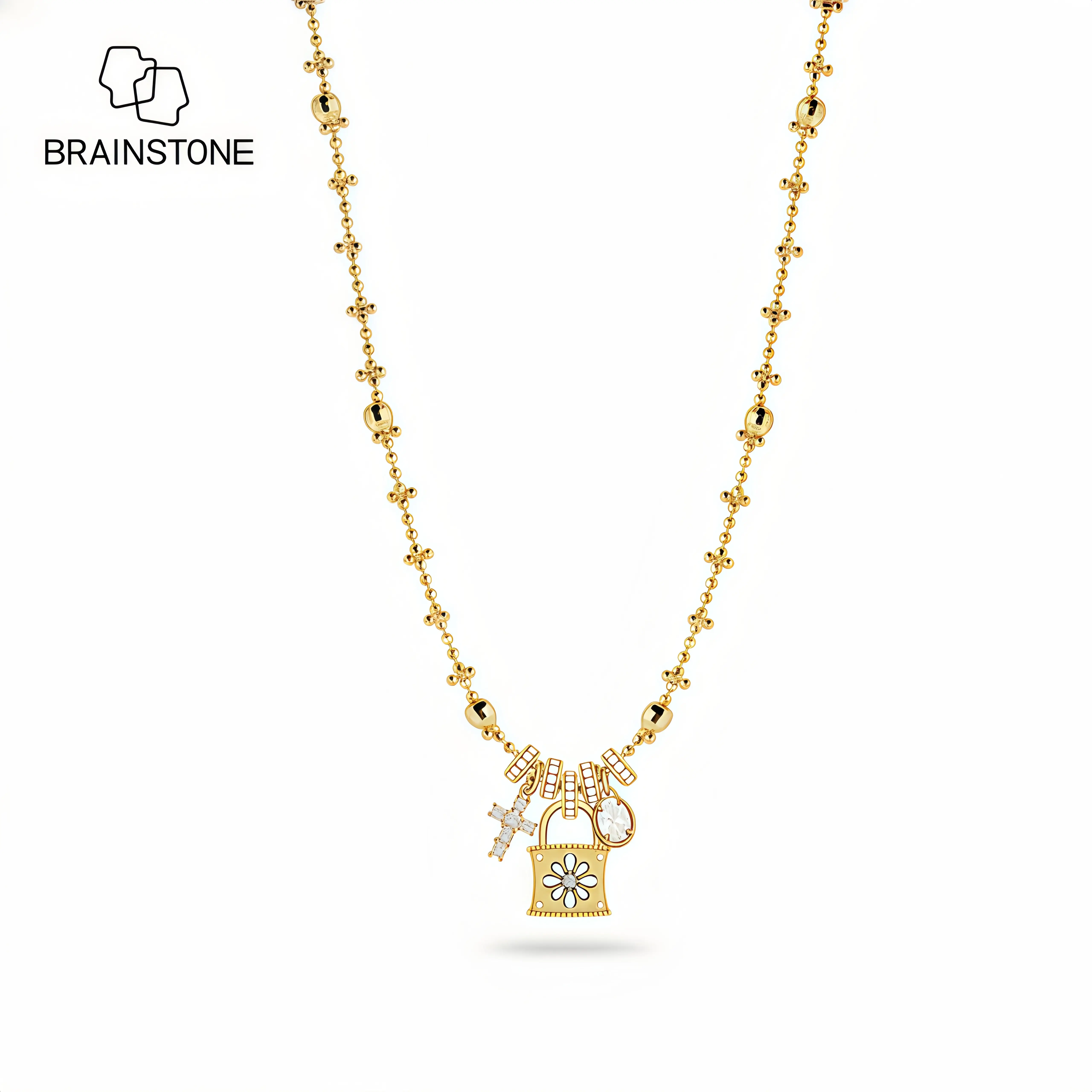 BRAINSTONE Women's Cross & Lock Pendant Necklace, 14k Gold Plated, 17-19in Adjustable, Cubic Zirconia Stacking Design, Classic Cross Pendant, Daily Wear Light Luxury Dainty Jewelry