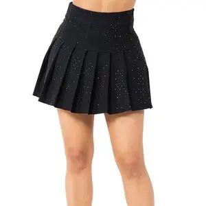 Doris Women's Elegant Pleated Black Mini Skirt - Casual Wear Bottom with Glitter Embellishments, Metallic Details, Sparkly Accents for Fashion, Glitter Embellishments Skirts, Metallic Details Skirts