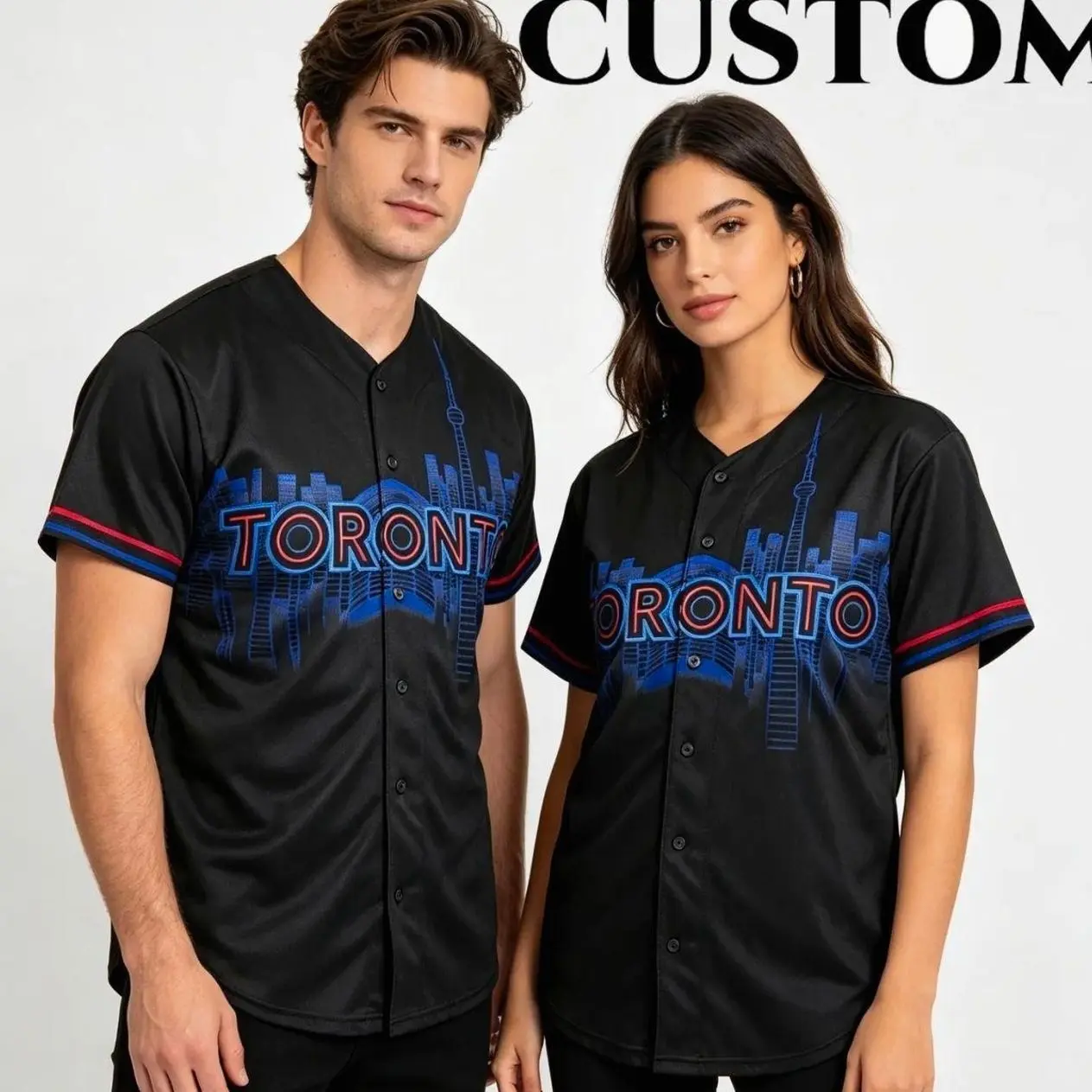 Custom Toronto City Style Baseball Jersey, Personalized Name & Number, Red Blue Trim Cityscape Print Fan Sports Shirt Z9T 2W8