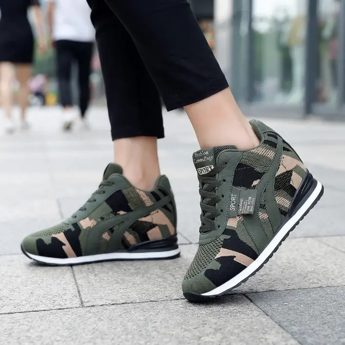 Women's Camo Height-Increasing Sneakers Slip-On Lace-Up Low-Top Comfort Lightweight Breathable Sporty Casual Shoes with Hidden Lift All-Season Green Camouflage Design EVA Material womens