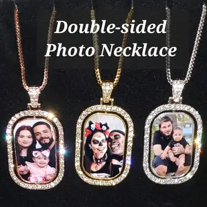 Rhinestone Custom picture pendant necklace with free chain double-sided unisex memorial anniversary keepsake valentines day daily jewelry unique