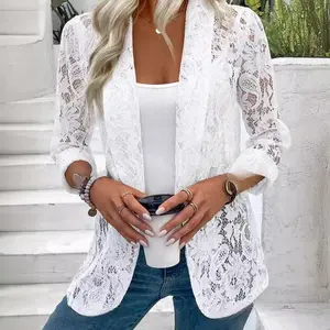 Black White Classic Lace Jacket Women's Elegant Lightweight Coat Spring Autumn Blouse