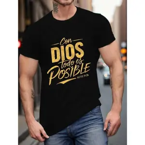 Men's 100% Cotton T-Shirt with "Con Dios Todo Es Posible" Spanish Quote & Matthew 26:11 Bible Verse - Comfortable Breathable Crew Neck Regular Fit